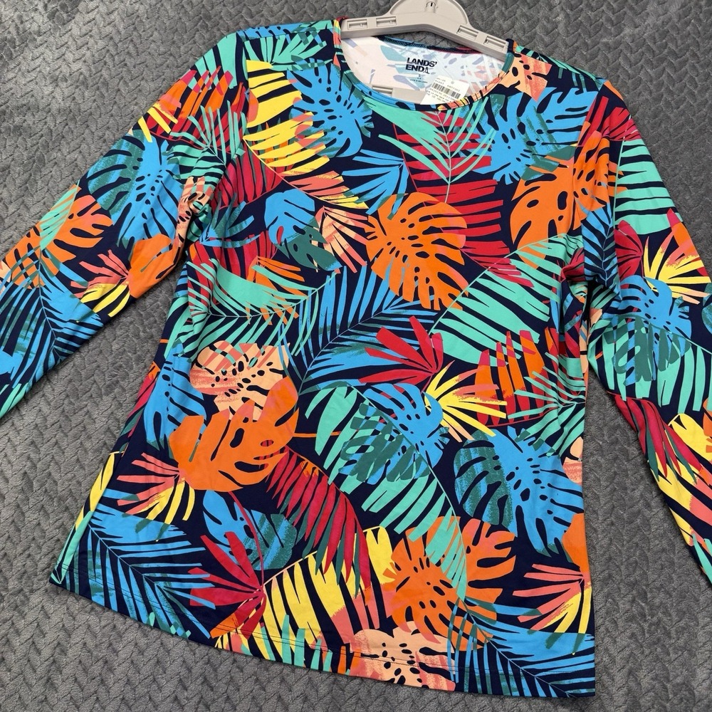 Lands' End Swim Tee Small Rash Guard UPF 50 Tropical Multi Palm Leaves NEW